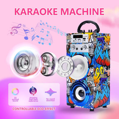 DYNASONIC Karaoke mit 2 Mikrofonen, tragbarer Karaoke-Maschine, Bluetooth-Lautsprecher, USB- und SD-