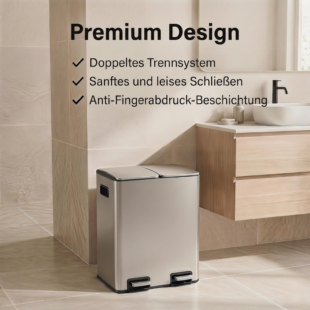 Mülleimer Küche 2 x 19 L(38L), Edelstahl Treteimer mit Deckel, Mülltrennsystem 2 Fächer, Abfalleimer