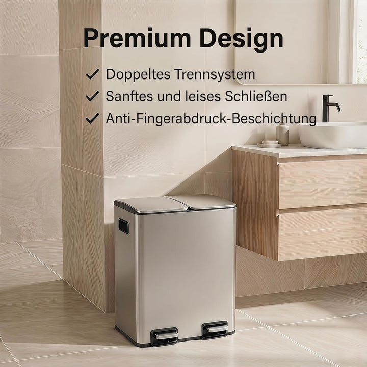 Mülleimer Küche 2 x 19 L(38L), Edelstahl Treteimer mit Deckel, Mülltrennsystem 2 Fächer, Abfalleimer