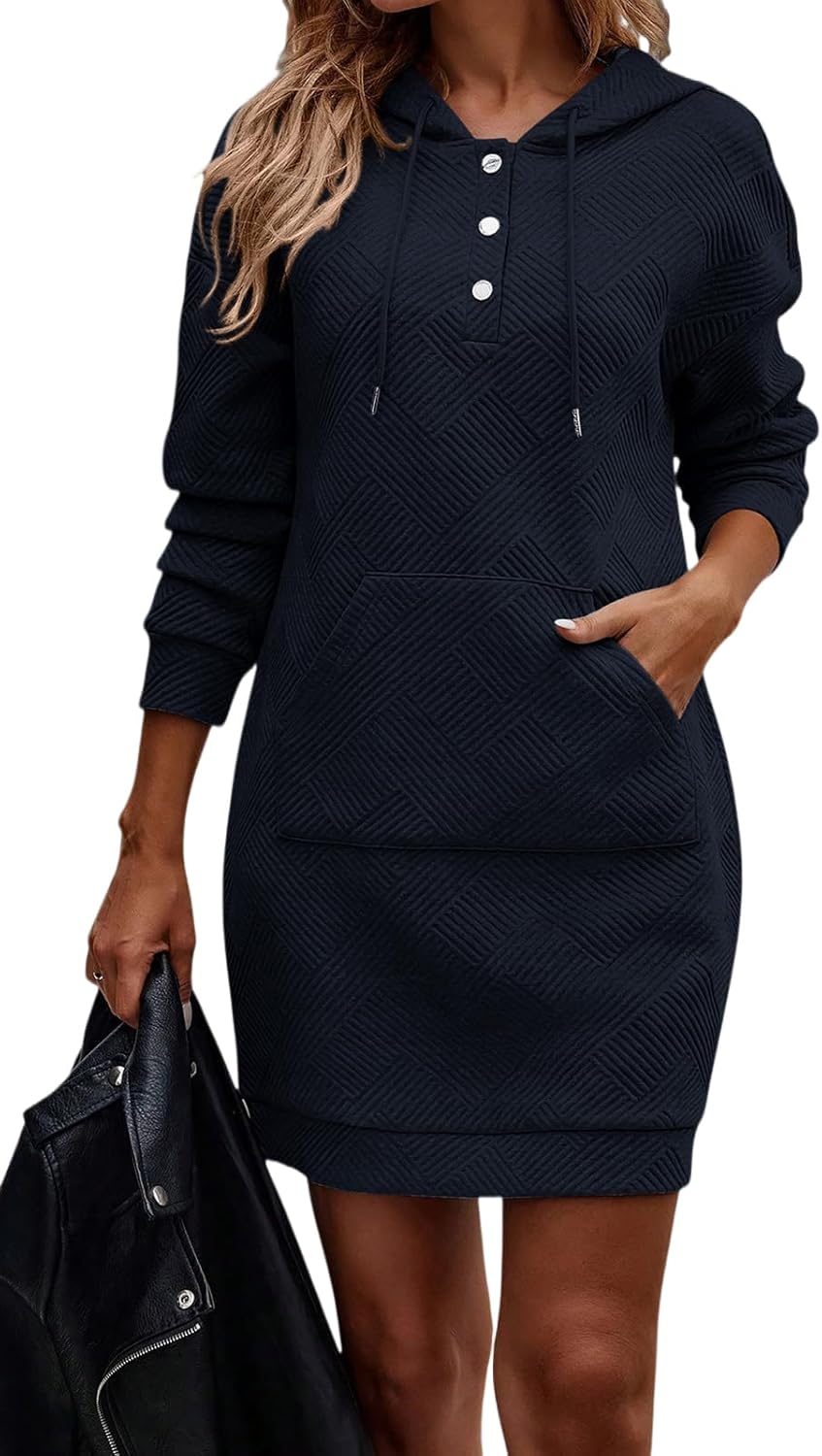 TrendiMax Damen Hoodie Kleid Herbst Übergangs Kapuzenpullover Sweatkleid Textur Knopf Langarm Sweats
