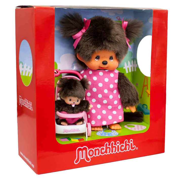 Sekiguchi 254930 - Original Monchhichi Mutter mit Kind im Kinderwagen, Plüschfigur mit Pünktchenklei