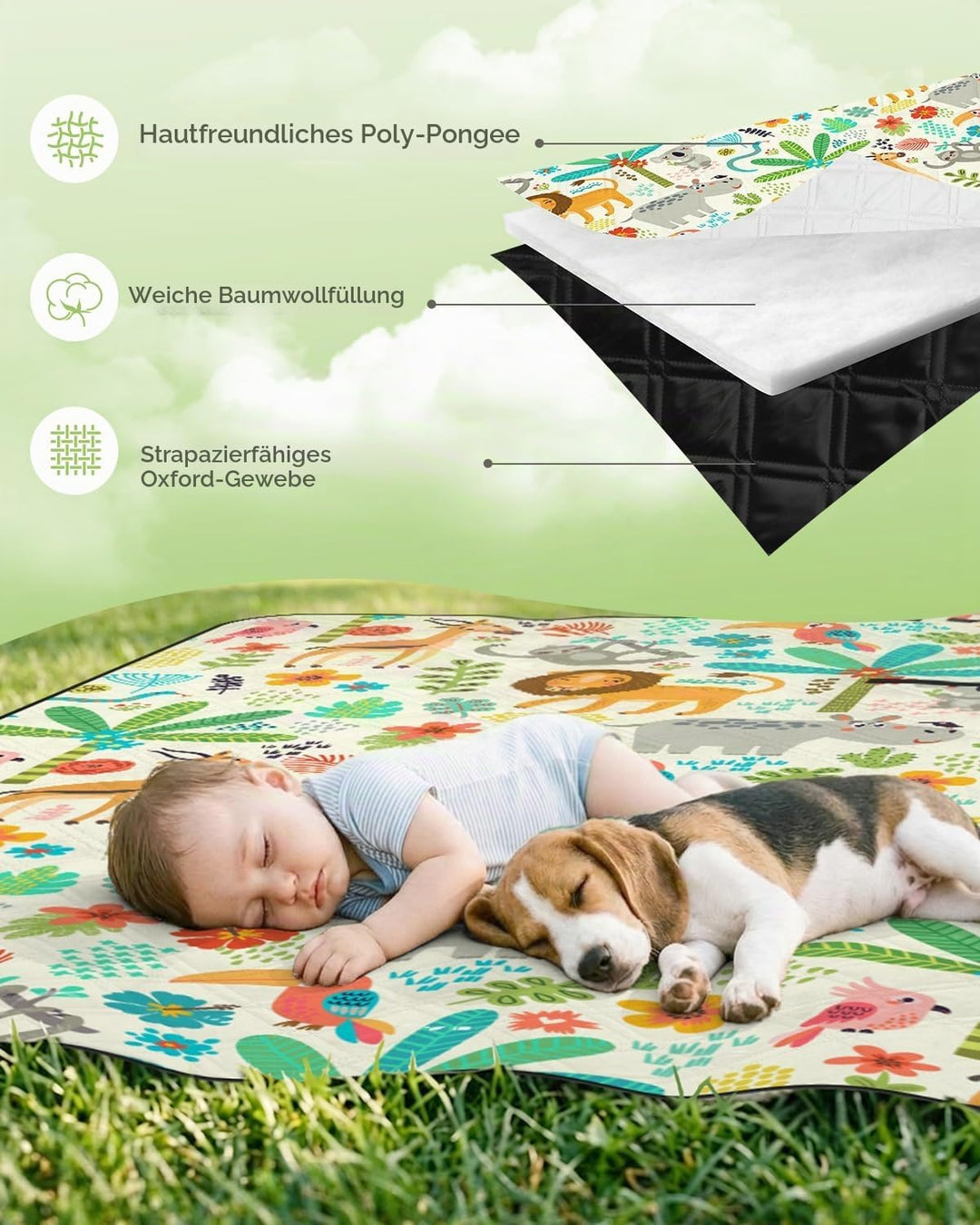 Extra gross Kinder Picknickdecke Wasserdicht 200 * 200cm, Strandmatte Campingdecke Gepolstert Faltba