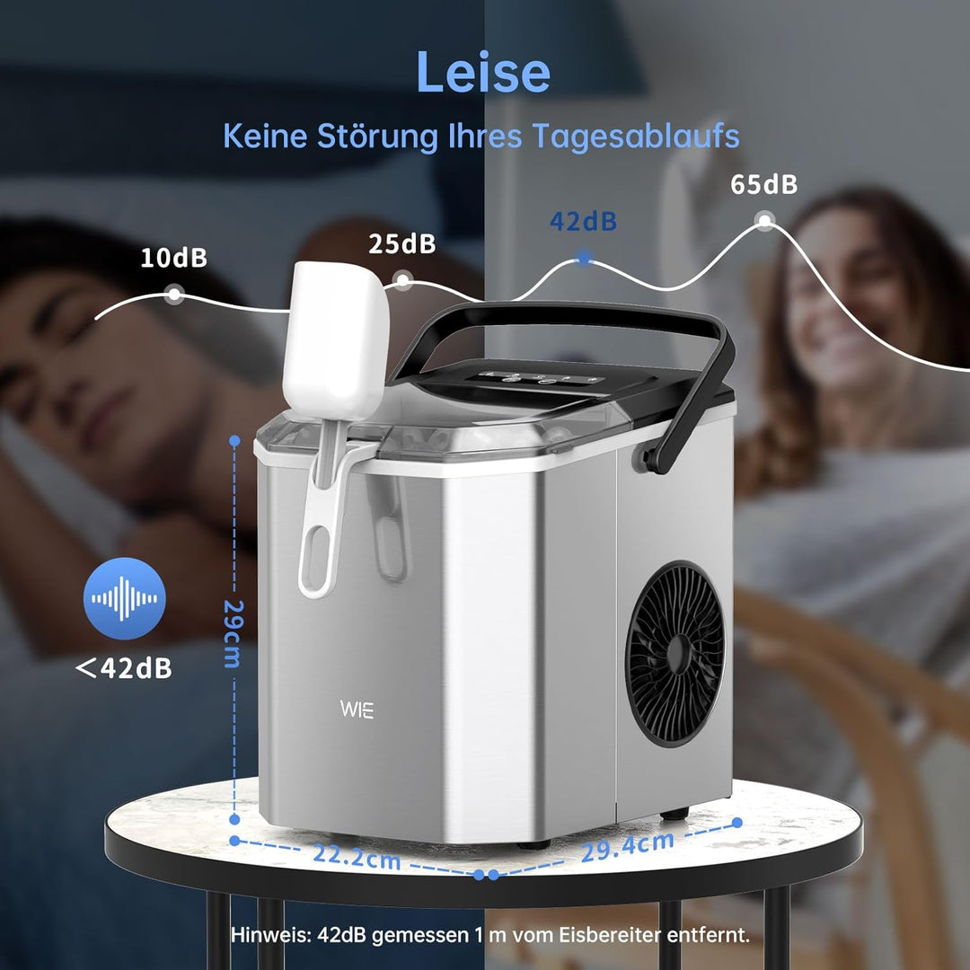 WIE Eiswürfelmaschine 1.3L/12KG Eiswürfelmaschinen Kleine mit Schaufel Wassertank 9 Würfel in 6 Minu