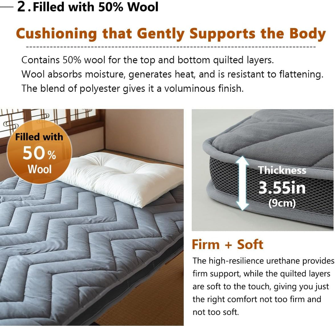 EMOOR Japanische Wollmischung Gepolsterte Futonmatratze GOMA 180 x 202 cm Grau (Fest), Urethan Zwick