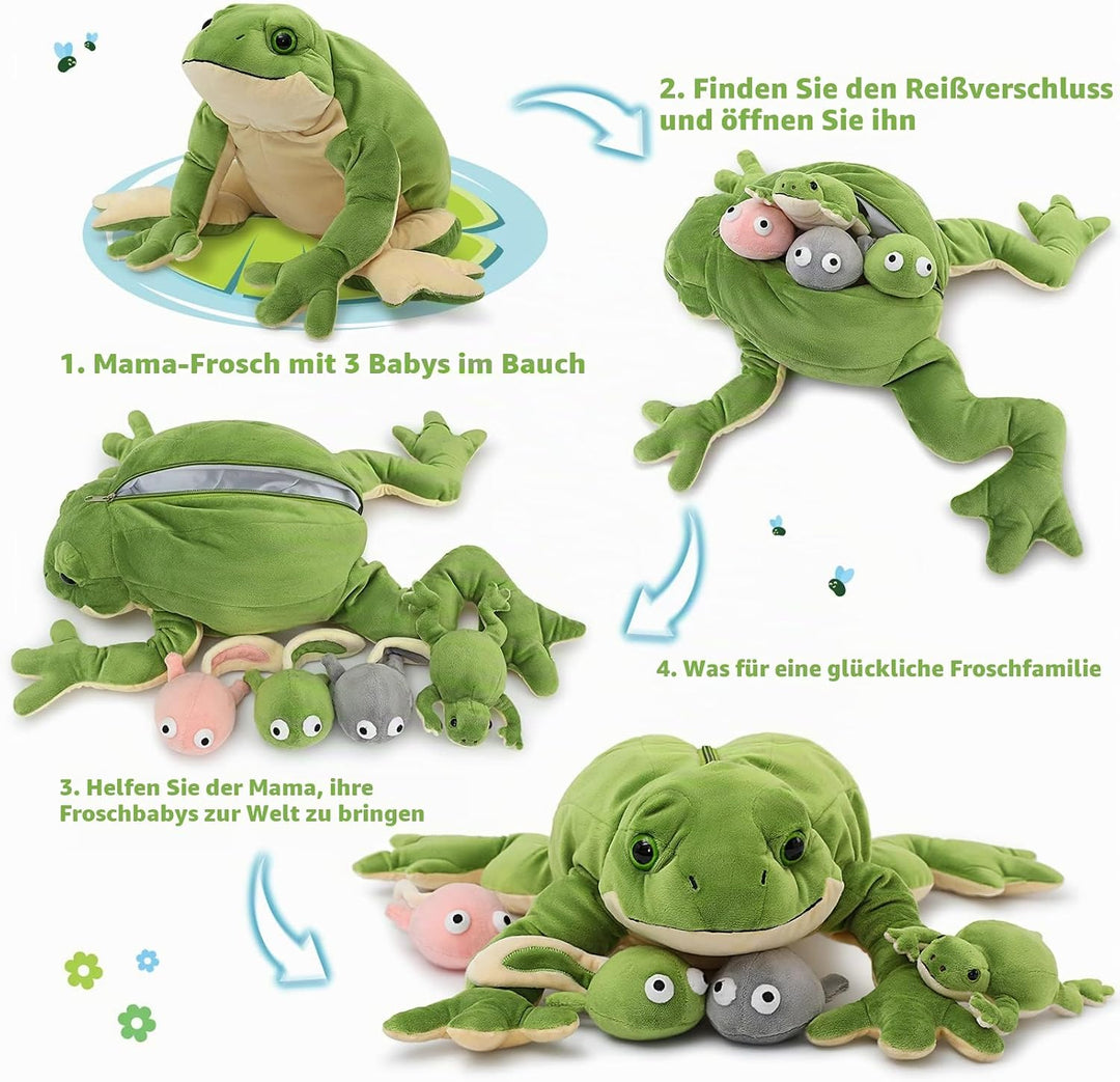 MorisMos 52cm lang Frosch Kuscheltier XXL,Plüschfrosch mit 4 Babys (3 Kaulquappen und 1 klein Frosch