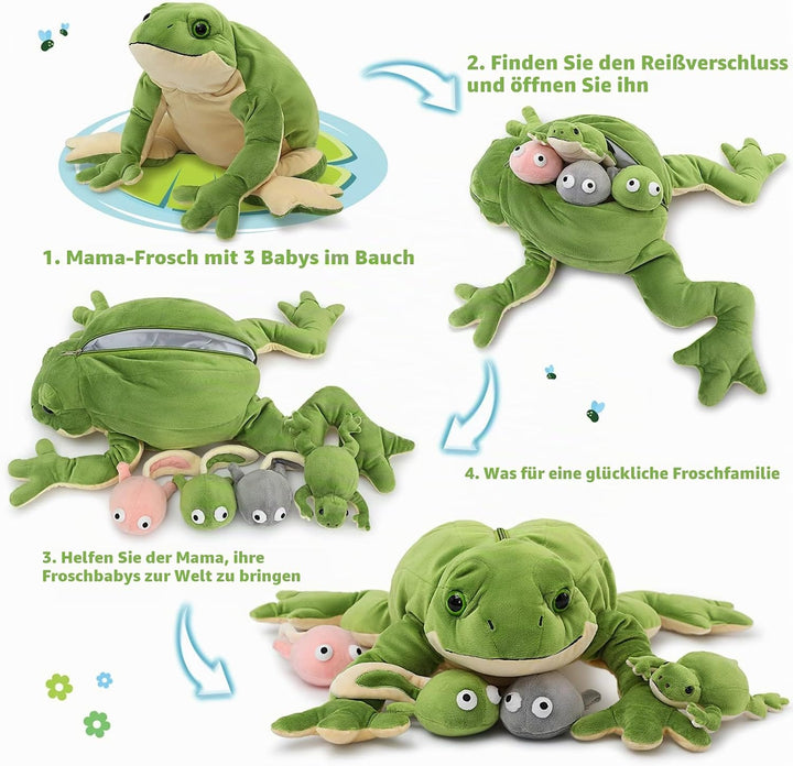 MorisMos 52cm lang Frosch Kuscheltier XXL,Plüschfrosch mit 4 Babys (3 Kaulquappen und 1 klein Frosch