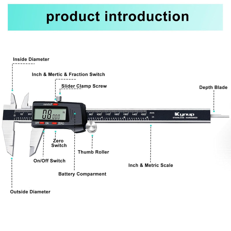 Kynup Messschieber Digital, 150mm / 6-Zoll Digitale Schieblehre Messgerät mit grossem LCD-Display fü