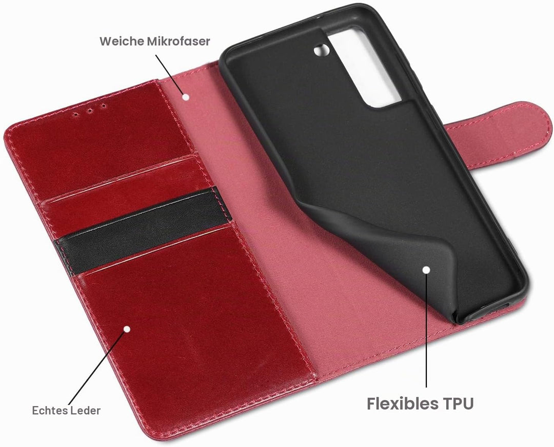 LENSUN Echtleder Hülle für Samsung Galaxy S21 FE, Handyhülle [Premium Echtes Leder] [Kartenfach] [RF