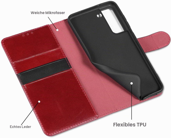 LENSUN Echtleder Hülle für Samsung Galaxy S21 FE, Handyhülle [Premium Echtes Leder] [Kartenfach] [RF