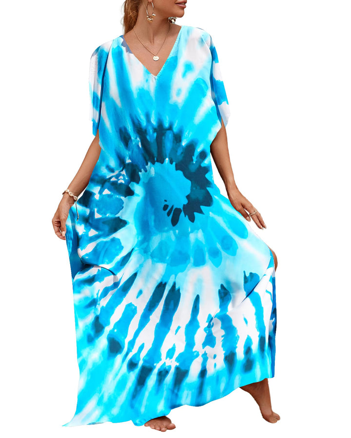 Bsubseach Lose Kaftan Kleider für Frauen Kurzarm Badeanzug Cover Up Casual Urlaub Outfits Blaue Wirb