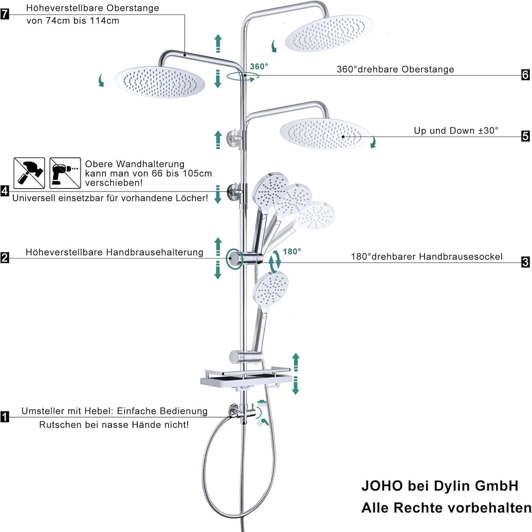 JOHO Edelstahl Regenduschset mit Duschstange Brausegarnitur, Duschsystem ohne Armatur mit Ablage Dus