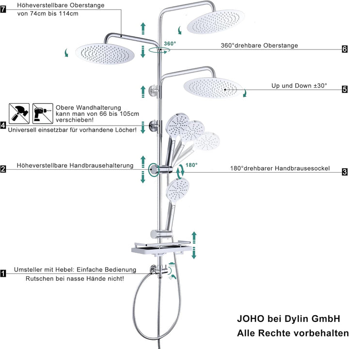 JOHO Edelstahl Regenduschset mit Duschstange Brausegarnitur, Duschsystem ohne Armatur mit Ablage Dus