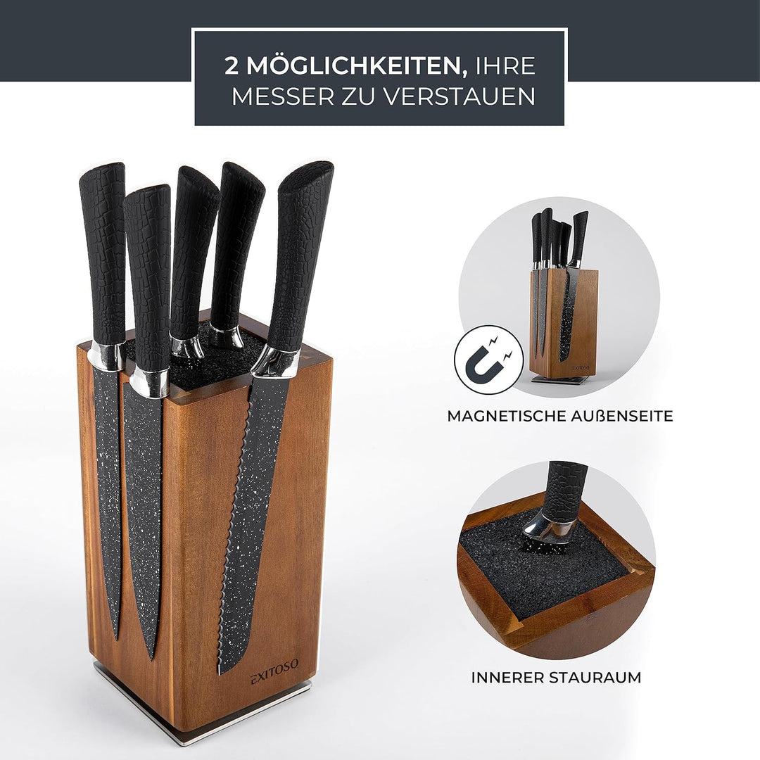 Exitoso NEU Messerblock aus Akazie, 360-Grad-Drehbar mit aussen Magneten & herausnehmbaren Borstenei