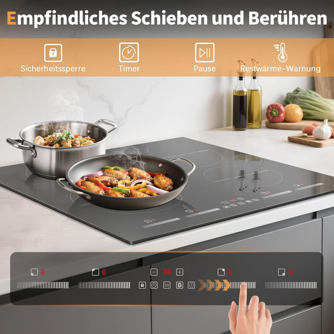 NOXTON Induktionskochfeld 60 cm Einbau mit Booster, Autarkes Induktionsfeld 4 Platten mit Schiebereg