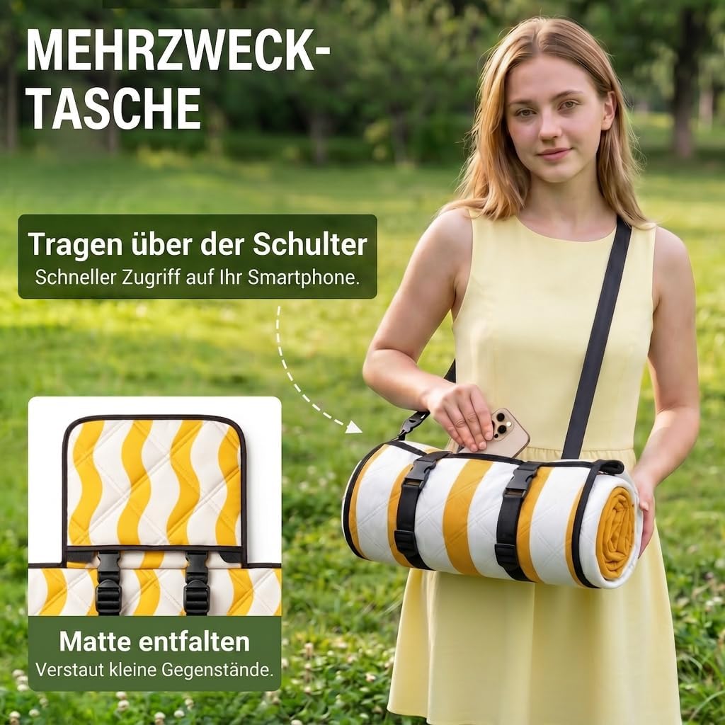 WolfWise Picknickdecke Wasserdicht, 200x200 cm grosse Stranddecke, Faltbare Picknick Decke mit Verst