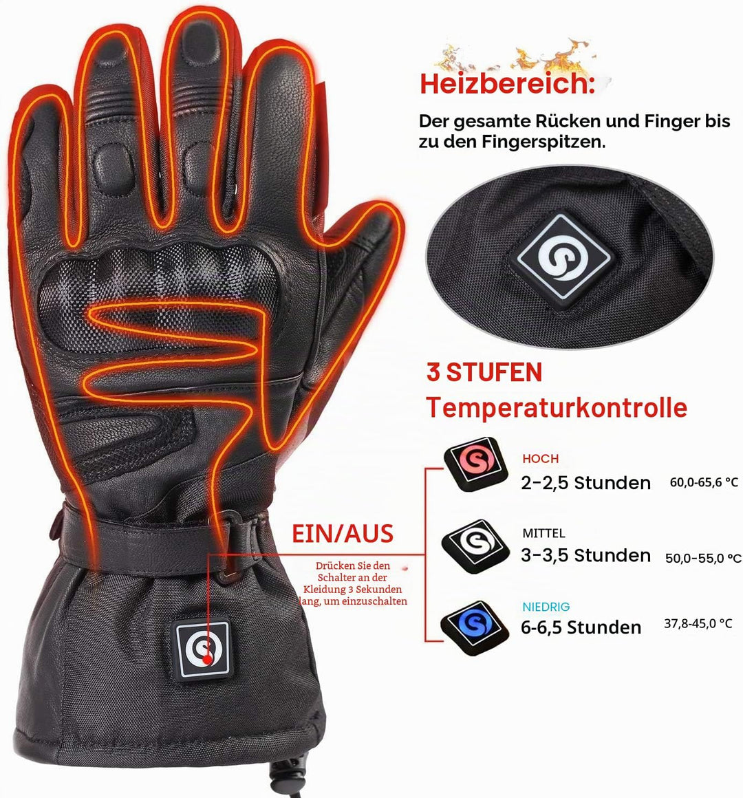day wolf Beheizte Motorradhandschuhe, IPX66, wasserdicht, Touchscreen, 7,4 V, 2200 mAh, elektrisch,
