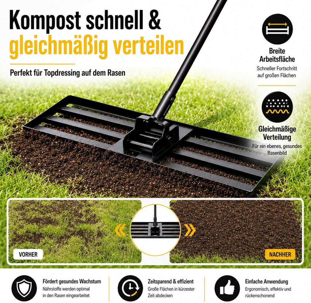 Rasen-Nivellierungsrechen 198cm 43x25cm, Verstellbarer Rasenplanier-Rechen mit 119–198 cm Griff, 180