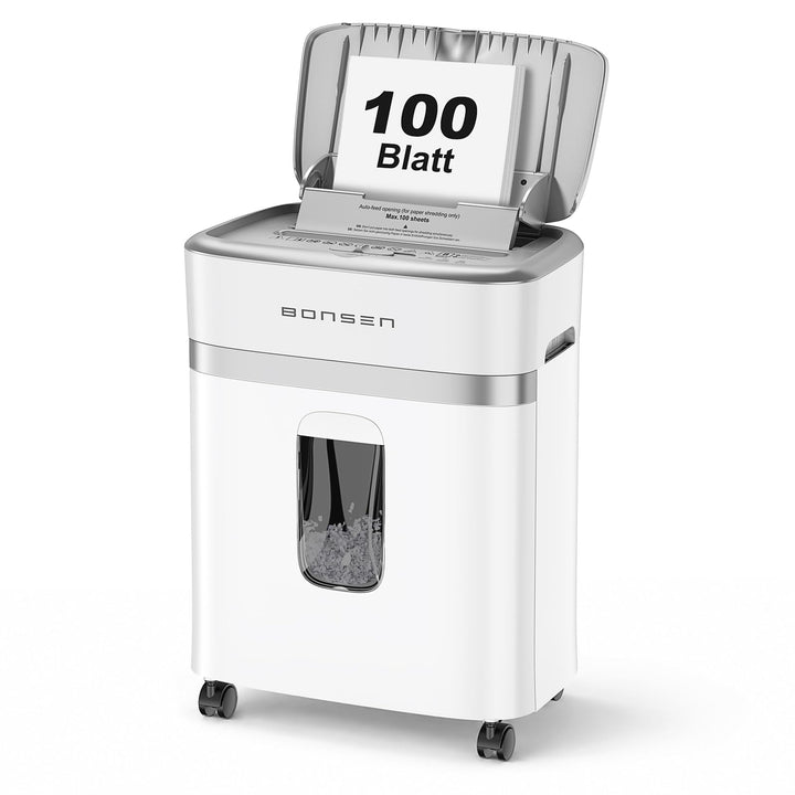 BONSEN Aktenvernichter mit 100 Blatt Auto-Feed, P-4 Mikroschnitt Schredder 100sheets+White-Silver, 1