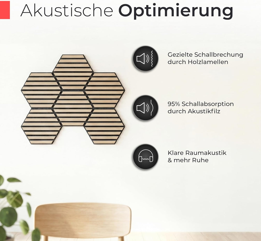 Akustikpaneele Holz selbstklebend mit Echtholz &amp; Akustikfilz | Hexagon Wandpaneele, Schalldämmung, W