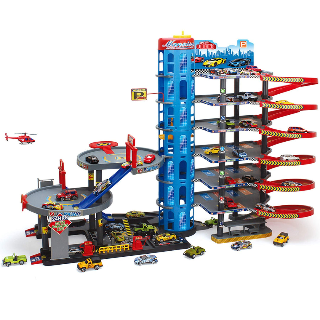 Parktower Spielset mit 9 Ebenen – inkl. 6 Metallautos & Hubschrauber – Parkhaus mit Fahrstuhl, Tanks