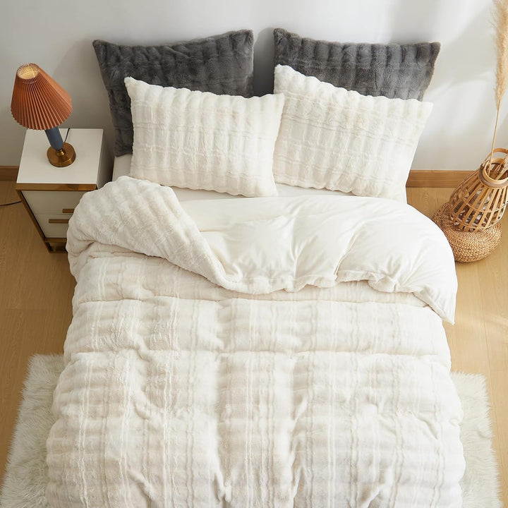 Freyamy Plüsch Bettwäsche-Set 135x200 2tlg Fleece Cremefarben,Kuschelig Warm Bettwäsche Winter Kunst