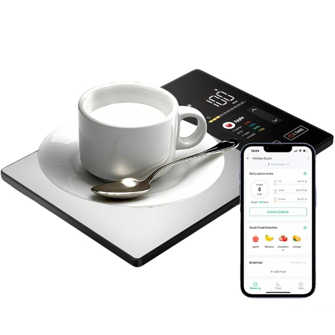 Kalorien Waage Smarte Digitale Küchenwaage mit Nährwertanalyse, Edelstahl-Bedienfeld + TFT-Display,