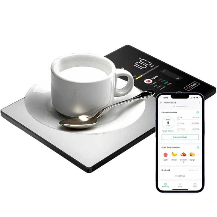 Kalorien Waage Smarte Digitale Küchenwaage mit Nährwertanalyse, Edelstahl-Bedienfeld + TFT-Display,