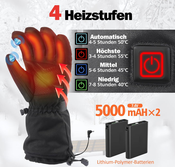 Beheizbare Handschuhe Herren Damen,Beheizte Handschuhe mit 7.4V/2×5000mAh Wiederaufladbare Akkus, 4