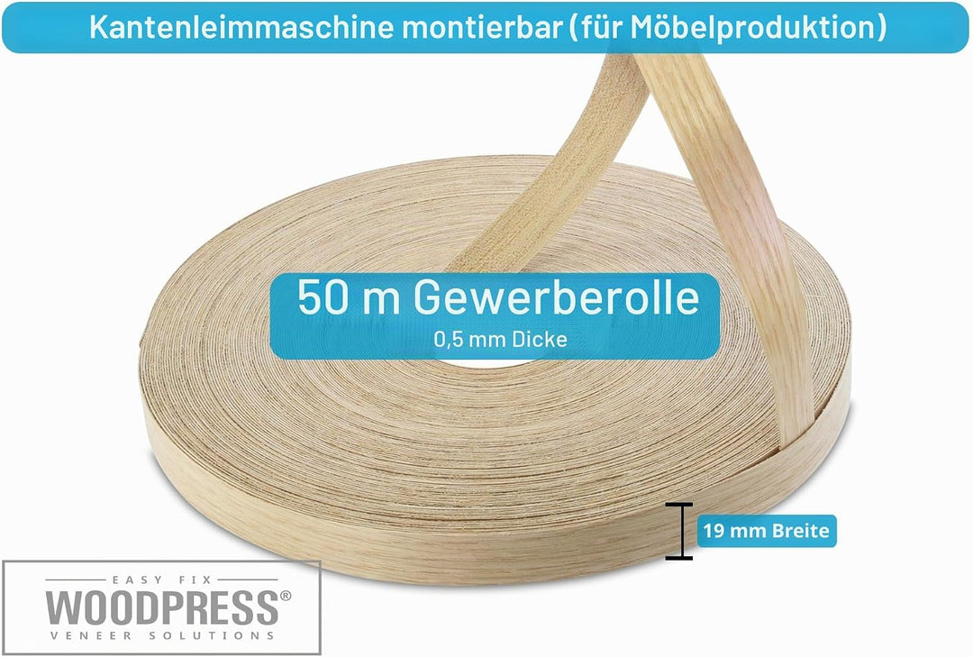 WordPress® 19 mm Eiche Echtholz Kantenumleimer mit Schmelzkleber – 50m Rolle – Einfache Anwendung zu