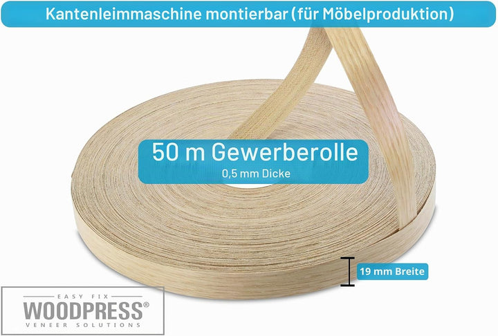 WordPress® 19 mm Eiche Echtholz Kantenumleimer mit Schmelzkleber – 50m Rolle – Einfache Anwendung zu