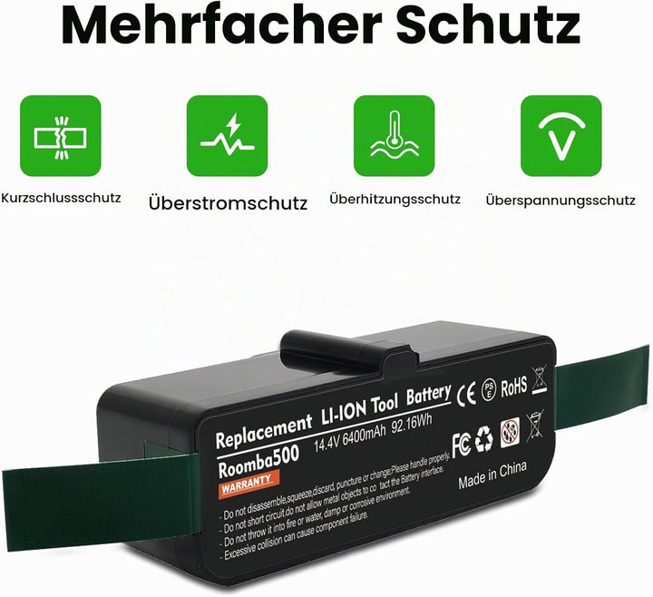 6400mAh Ersatzakku für iRobot Roomba Li-Ion Akku14.4V 6400Ah Akku für Roomba 500 600 700 800 Serie E