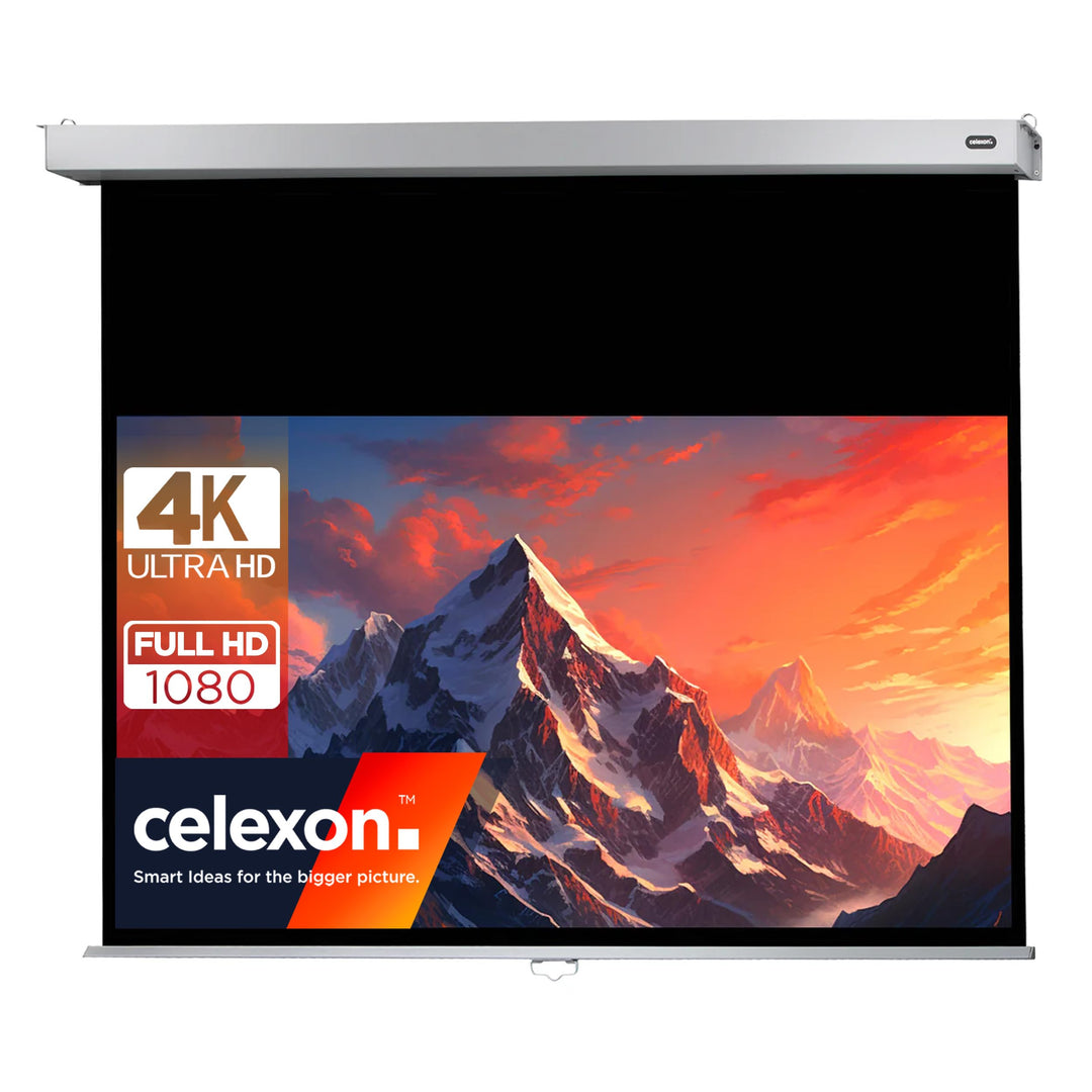 celexon manuell ausziehbare Heimkino- und Business-Rollo-Beamer-Leinwand 4K und Full-HD mit Slow-Ret