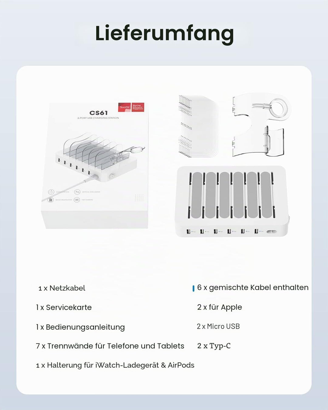 SooPii USB-Ladestation Organizer für mehrere Geräte, 6 Ports 50W Ladestation mit 6 Kabeln und aktual