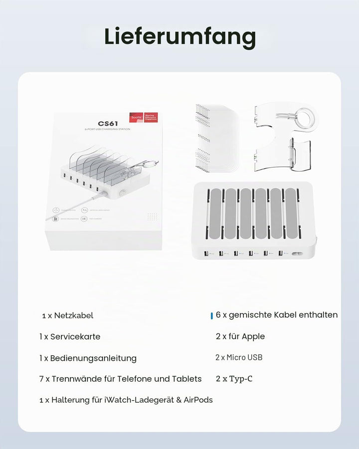 SooPii USB-Ladestation Organizer für mehrere Geräte, 6 Ports 50W Ladestation mit 6 Kabeln und aktual