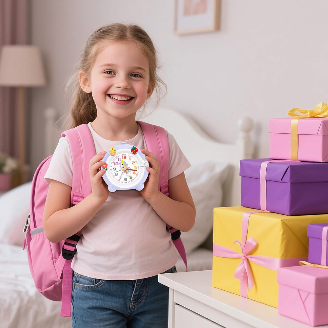 SOCICO Analoger Kinder Wecker Mädchen, Einhorn Design, Lautlos, Ohne Ticken Niedlicher Pfirsich Weck
