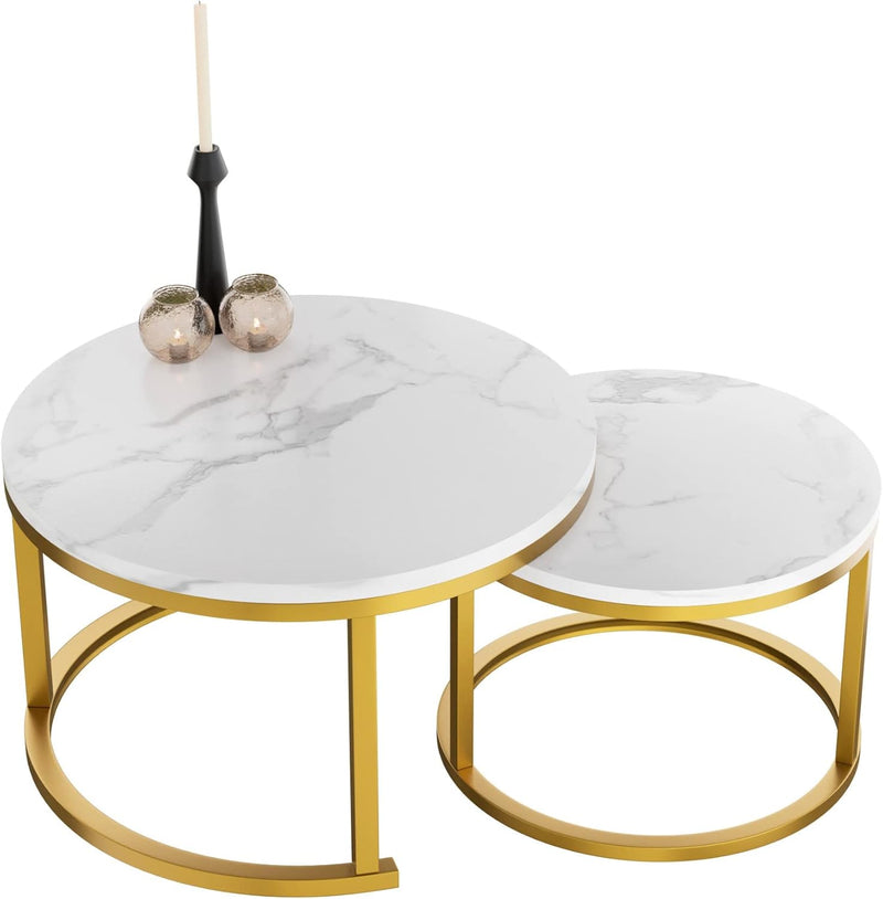 Home Heaven® Couchtisch Rund Weiss Marmor mit Gold – Runder Wohnzimmertisch 2er Set für Wohnzimmer -