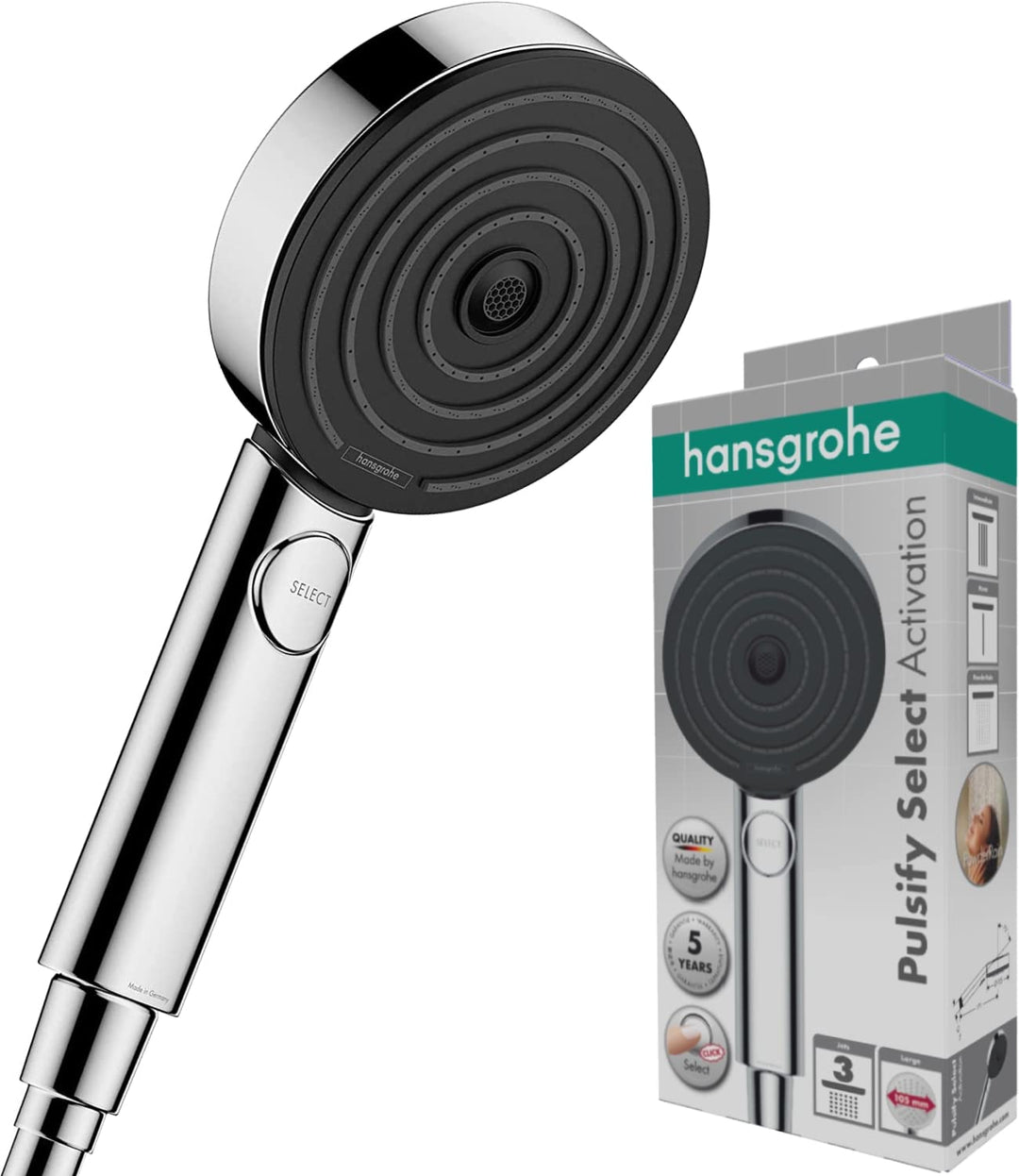 hansgrohe Pulsify S - Duschkopf, Handbrause mit 3 Strahlarten (Activation Version), runde Duschbraus