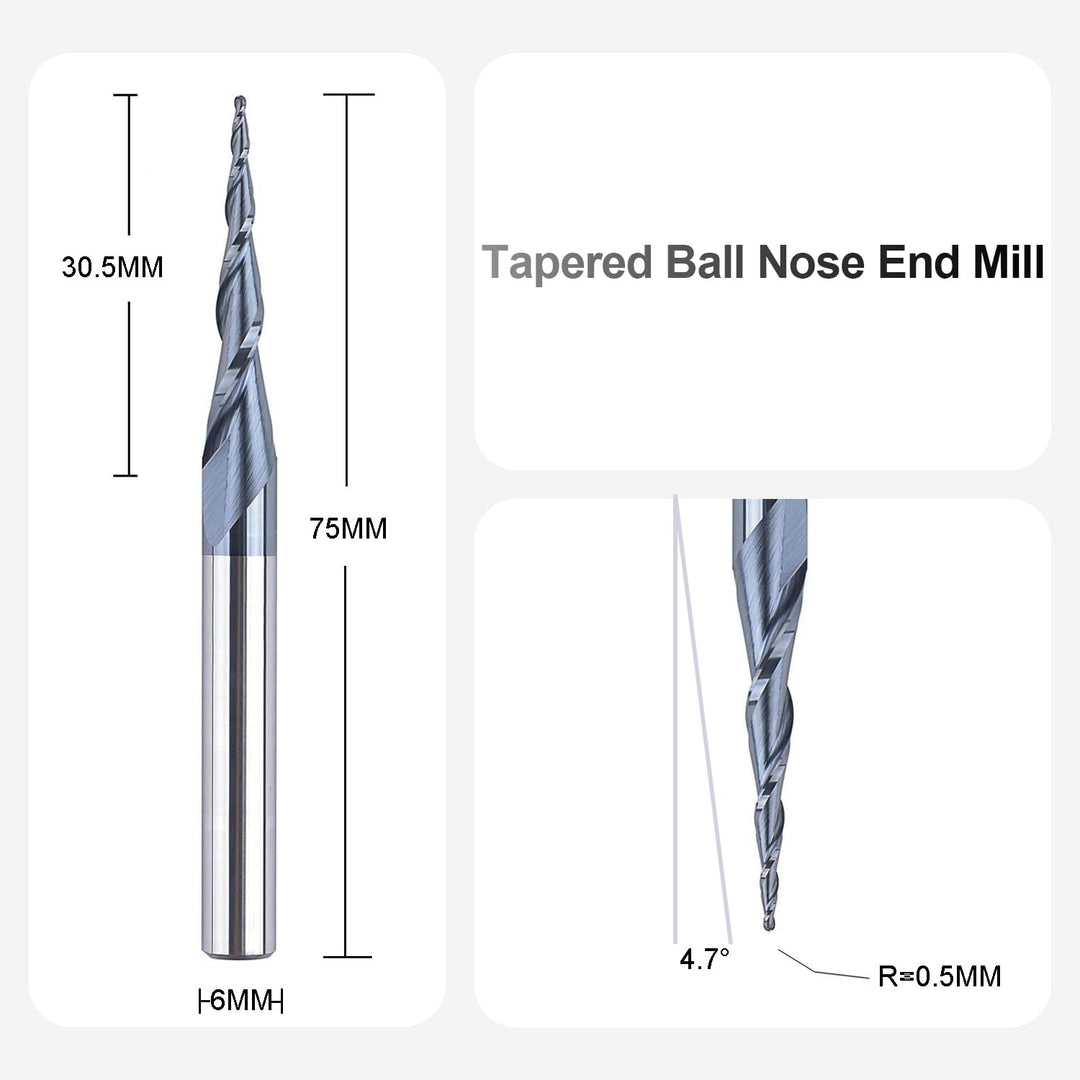 SpeTool VHM Kugelkopffräser Konische Fräser für Oberfräse CNC 2 Flöten 0,5 mm Radius Gravierfräser 6
