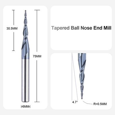 SpeTool VHM Kugelkopffräser Konische Fräser für Oberfräse CNC 2 Flöten 0,5 mm Radius Gravierfräser 6