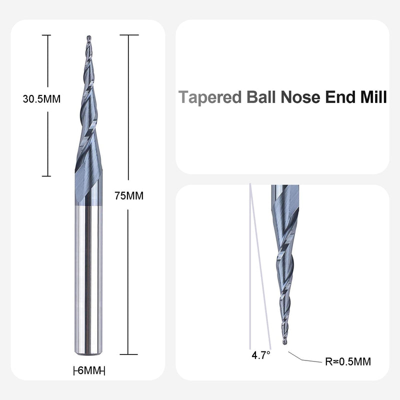 SpeTool VHM Kugelkopffräser Konische Fräser für Oberfräse CNC 2 Flöten 0,5 mm Radius Gravierfräser 6
