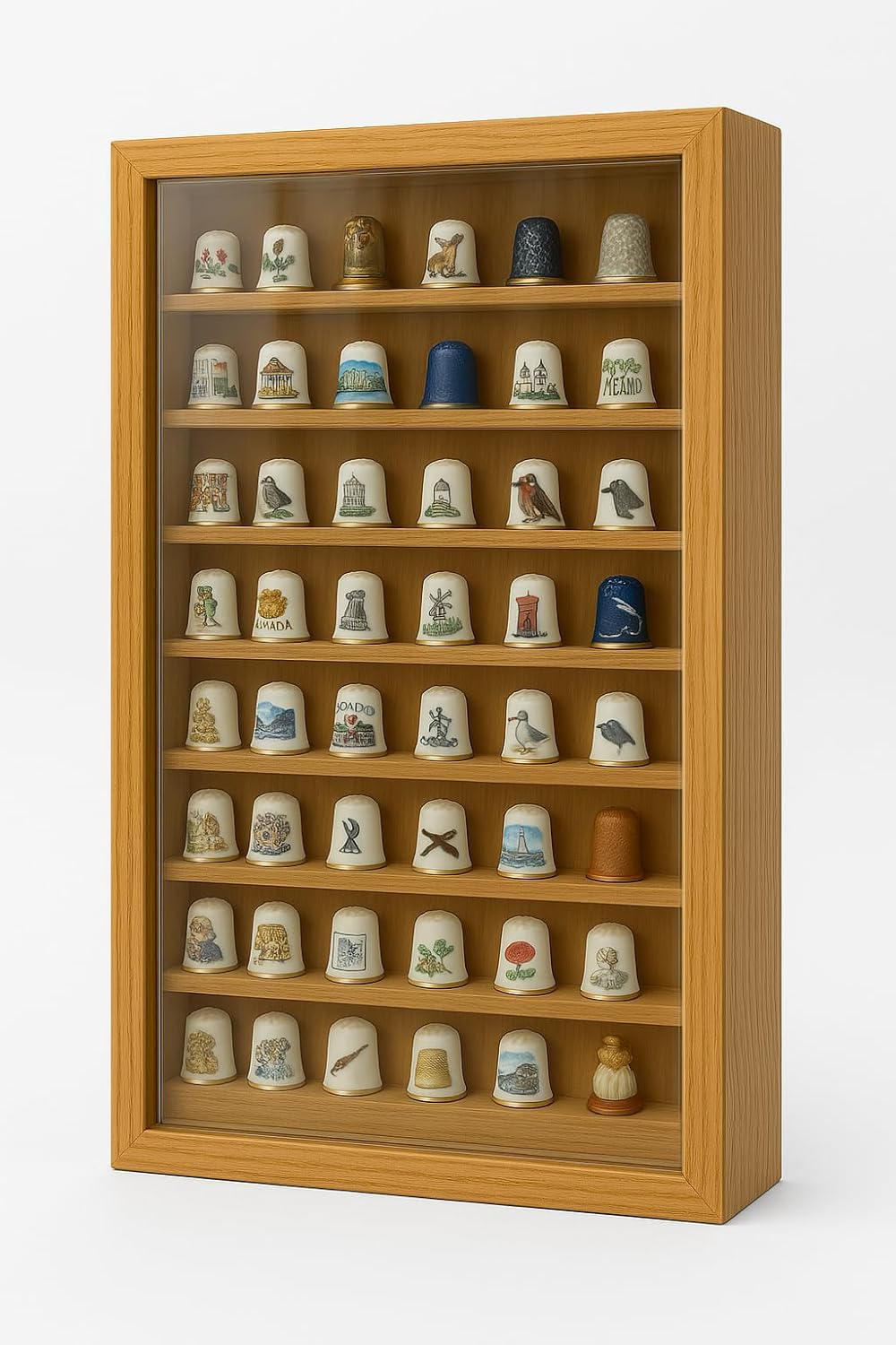 Vitrine Fingerhut-Kollektion, Eichenlack, verschiedene Grössen, 64 Fingerhüte 64 DEDALES, 64 DEDALES