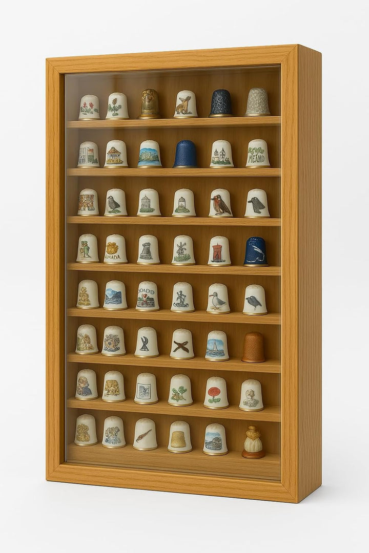 Vitrine Fingerhut-Kollektion, Eichenlack, verschiedene Grössen, 64 Fingerhüte 64 DEDALES, 64 DEDALES