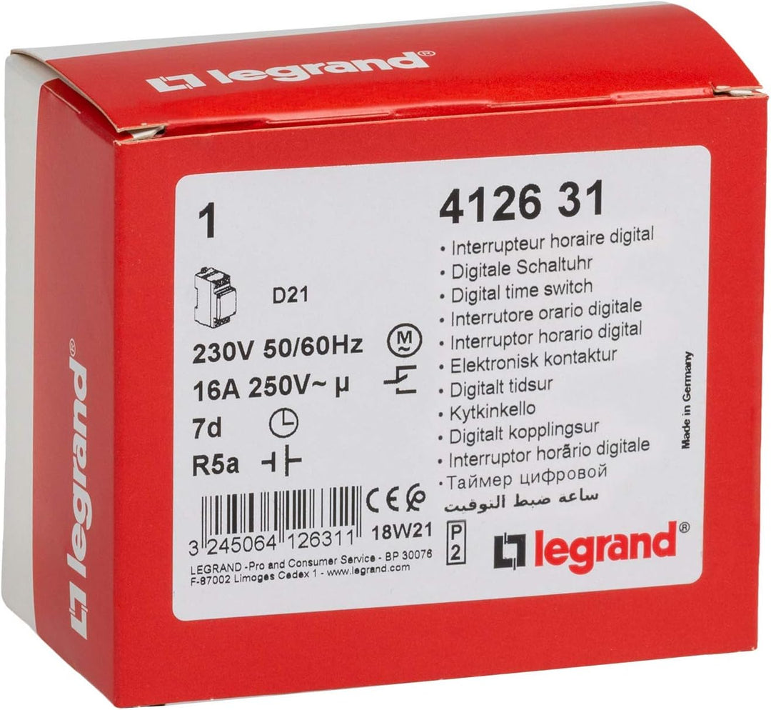 Legrand, Digitale Wochen-Zeitschaltuhr AlphaRex D21, 1 Kanal, 2-modulig mit 56 Schaltprogramme für H