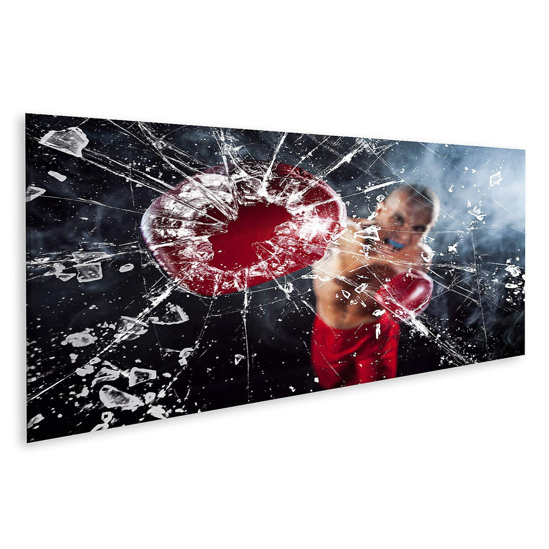 islandburner Bild auf Leinwand Boxer Zertrümmern Glas Junger Athlet Kickboxen Hintergrund Blauer Rau