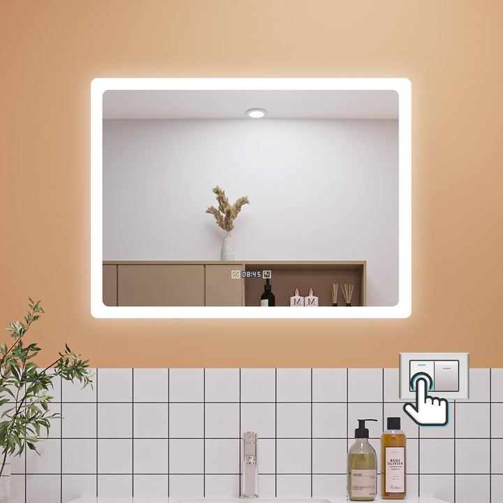 Aica Sanitär LED Badspiegel 80×60cm mit Uhr 3 Lichfarbe dimmbar Memory Wand/Touchschalter Anti-Besch