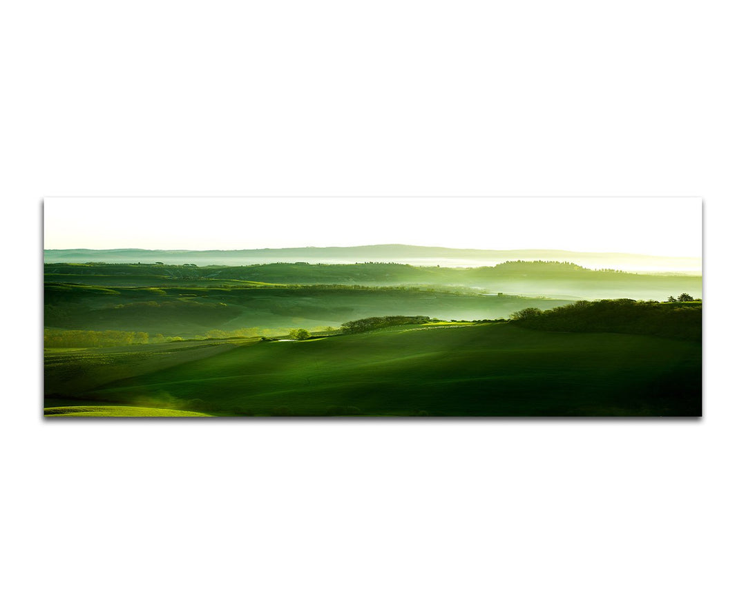 Paul Sinus Art Panoramabild auf Leinwand und Keilrahmen 150x50cm Toskana Landschaft Berge Morgenlich