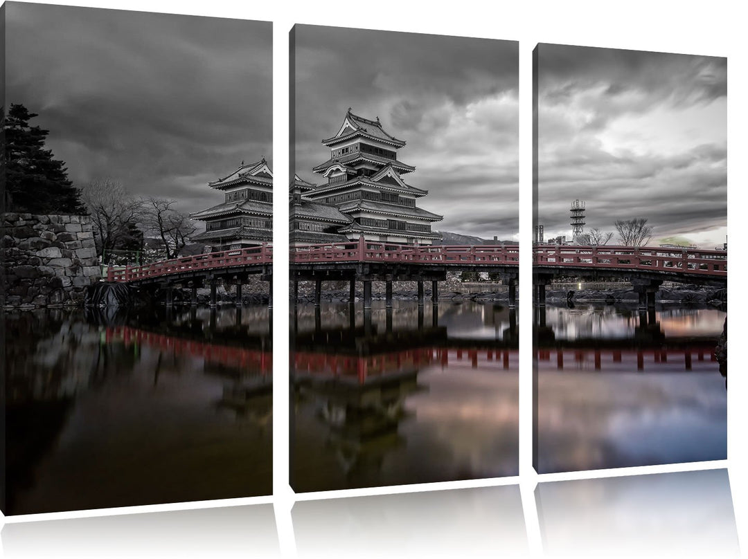 Pixxprint asiatischer Tempel an See als Leinwandbild/Grösse: 3 Teilig (120x80) cm/Wandbild/Kunstdruc