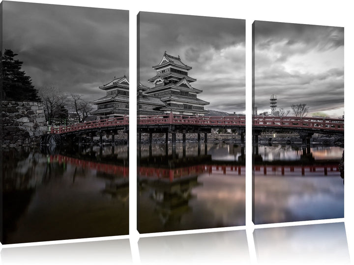 Pixxprint asiatischer Tempel an See als Leinwandbild/Grösse: 3 Teilig (120x80) cm/Wandbild/Kunstdruc