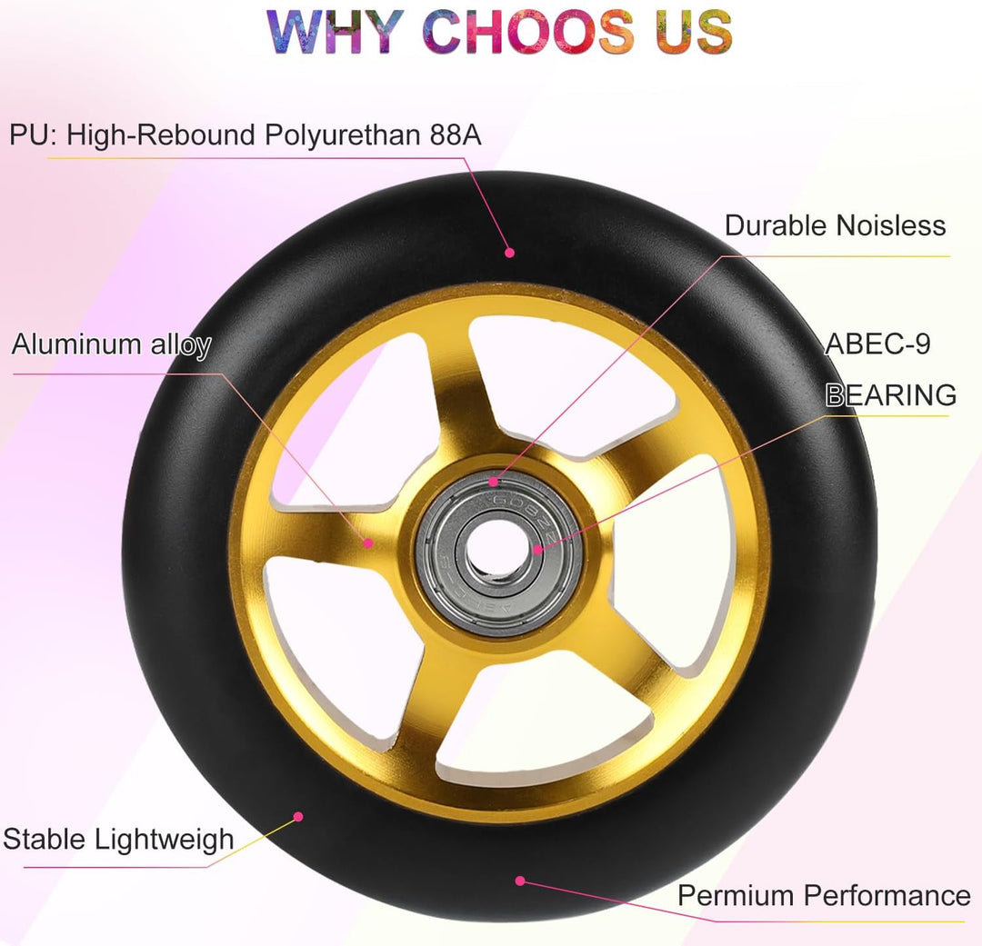 Stunt Scooter Rollen, 2 Stück Scooter Ersatzräder, 100mm Scooter Räder mit ABEC, 9 Kugellager, Härte
