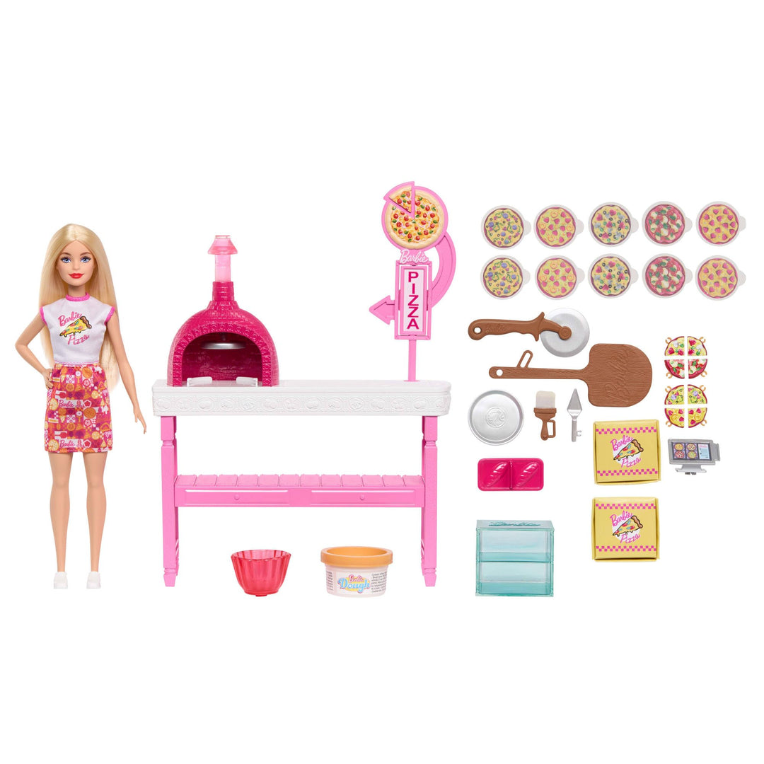 Barbie Pizza Shop Spielset | Blonde Puppe und 25 Zubehörteile inklusive Knete, Pizzabelägen und mehr